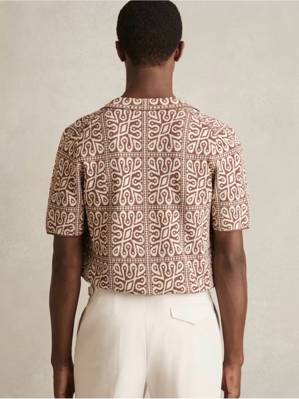 Reiss River Tile Pattern Knit Shirt Brown White Cuban Collar Men's Small - Picture 2 of 10